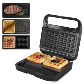 Sunvivi Pro Waffle Maker with Removable Non-stick Plates, Electric Sandwich Maker 3 in 1 Panini Press Grill, with Glass Top, Cool Touch Handle & Easy to Clean, 850W