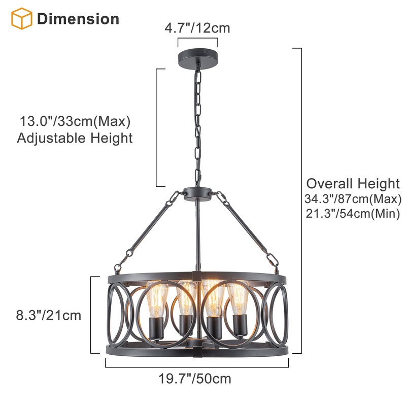 PNOUKF 4-Light Farmhouse Chandelier, Industrial Drum Pendant Light, Adjustable Height