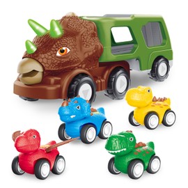 COOLSTUFFX Dinosaur Double Decker Truck Trailer with 4pcs Pull Back Toy Dinosaur Cars, Light and Roar Sound Triceratops for Toddler Boys Girls Gifts (Dinosaur Truck with light and sound)
