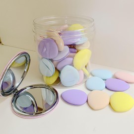 50 PCS Small Mini Sponges and Powder Puff With Mirror, Multi Colored Beauty Blender Facial Tools (Makeup Powder Puff)