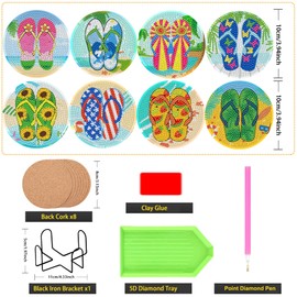 JeCuiK 8Pcs Diamond Painting Coasters Flip Flops DIY Diamond Art Coasters with Holder Diamond Coasters Funny Diamond Painting Kits for Adults Beginner Art Crafts Supplies