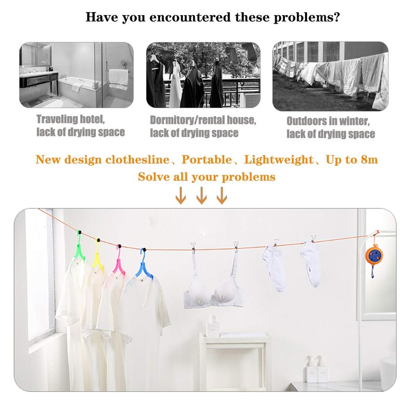 Camping Washing Line, 8 Meters Travel Clothesline Retractable Laundry Rope