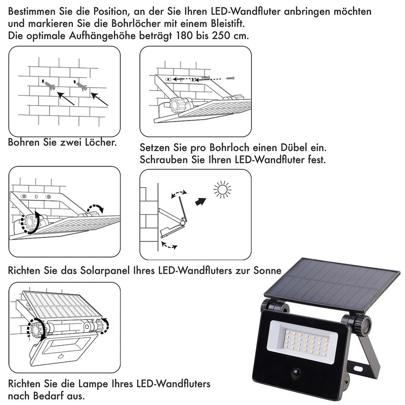 Luminea Solar Spotlight LED: Solar LED Wall Floodlight with PIR