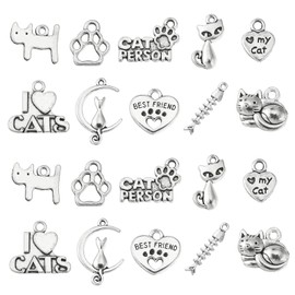 UR URLIFEHALL 50 Pcs 10 Styles Tibetan Antique Silver Cat Theme Charms Paw Print Fishbone I Love my Cat Charms for DIY Jewellery Making