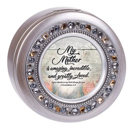Cottage Garden Mother is Amazing Grey Brushed Pewter Jeweled Round Music Box Plays Amazing Grace