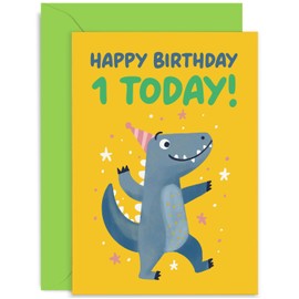 Old English Co. Happy 1st Birthday Card for Boy or Girl - Funny Cartoon Party Dinosaur First Birthday Card - Age One Card - For Son, Daughter, Grandson, Granddaughter | Blank Inside Envelope