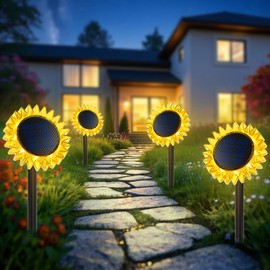 Giunn Outdoor Solar Lights, 4 Pack Led Solar Sunflower Lights, Stake/Wall 2-in-1 Waterproof Solar Garden Lights for Yard, Landscape, Fence, Patio, Driveway, Pathway, Backyard Decoration (Warm White)