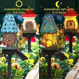 YZYOE 2 Packs of Solar Powered red and Blue Mushroom House Floor Lights, Garden Decoration Resin Cute House Mushroom Lamps, Wireless Dusk to Dawn LED Lights Waterproof.