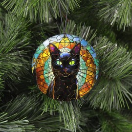 Black Cat Christmas Ornament - Faux Stained Glass Embossed Design Effect - 2024 Acrylic Decoration For Tree - Unique Cat Gift and Home Decor