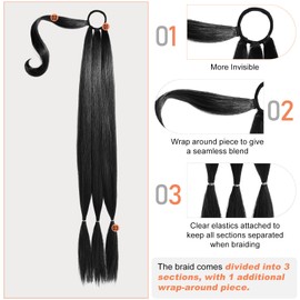 SEIKEA Upgraded Long Braid Ponytail Extension with Elastic Tie Straight Sleek Wrap Around Braid Hair Extensions Ponytail Natural Soft Synthetic Hairpiece Black 26 Inch (After Braided 23 Inch)