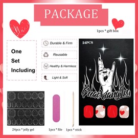 Valentine's Day Press On Nails Short Square, 24Pcs Valentines Fake Nails Red White Heart Designs Coffin Full Cover Stick On Nails for Women Girls Valentine's Day Nail Accessories Holiday Manicure Tips