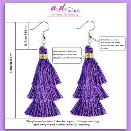 AD Beads Fashion Charm Crystal Silk Tassel 3 Layers Fan Fringe Dangle Earrings (19 Purple)