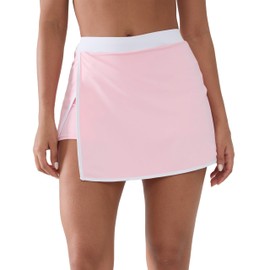 YIPINK Women's Athletic Skort with Built-in Shorts -Tennis Skirt with Pockets, High Waisted Side Slit Yoga Skirt with Trim Pink