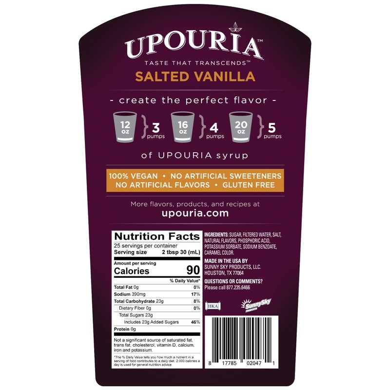 Upouria Salted Vanilla Syrup Flavoring, 100% Vegan, Gluten-Free, Kosher, 750ml