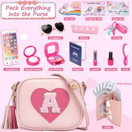 CBEE Little Girls Pretend Play Purse for 3-6 Years Old, Kids Toy Set with Crossbody Bag, Wallet, Makeup, Phone,Keys, Birthday for 3.4.5.6 Year Old Toddler (A)