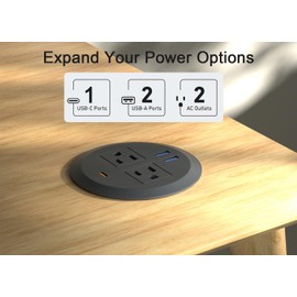 MAZZGOFOR Desktop Power Grommet 3 Inch,PD30W USB C Desk Fast Charging Station,3 USB Ports,Flush Mounted for 3-1/8" Desk Grommet Holes,Round Recessed Power Outlet,ETL-Certified,6.3 ft Cord,Black