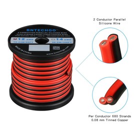 BNTECHGO 12 Gauge Flexible 2 Conductor Parallel Silicone Wire Spool Red Black High Resistant 200 deg C 600V for Single Color LED Strip Extension Cable Cord,Model,50ft Stranded Copper Wire