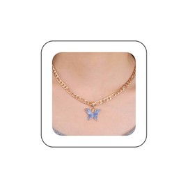 Inilbran Boho Blue Resin Butterfly Necklace Vintage Butterfly Pendant Necklace Blue Butterfly Choker Necklace Adjustable Butterfly Figaro Chain Necklace Jewellery for Women, Zinc, No Gemstone