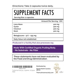 The Mushroom Society Super Stacker - Lion’s Mane, Oyster, Chestnut & Reishi Mushroom Extract Blend - Multi Mushrooms Supplement - 60 Capsules