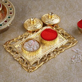 LUXCKY Golden Decorative Designer Roli Chawal/Rice Holder Pack of 2 Kumkum Haldi Holder Rakhi Pooja Thali Indian Festival Diwali Pujan Mandir Tika Roli Plate Rectangle Shape