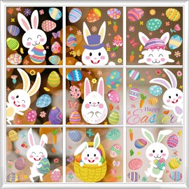 Hsathoac 9 Sheets Easter Bunny Window Cling Decorations, Double Sided Easter Window Decorations Decals, Easter Spring Glass Window Stickers Decal, Cute Easter Decoration, Party Supplies (FHJ24002)