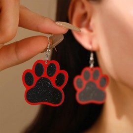 Iaceble Acrylic Paw Print Earrings Red Black Paw Dangle Earrings Cute Cat Dog Paw Earrings Large Puppy Paw Drop Earrings Animal Paw Earrings Jewelry for Women