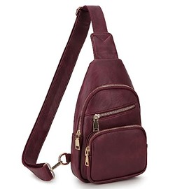 VX VONXURY Sling Bag for Women, PU Leather Crossbody Fanny Packs, Multipurpose Chest Bag with Adjustable Strap for Travel Hiking Cycling Sports Burgundy