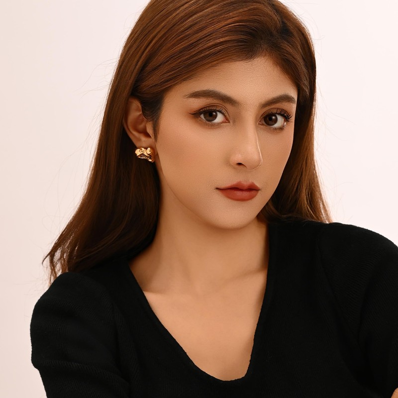 18K Gold Plated Heart Stud Earrings for Women, Chunky Heart