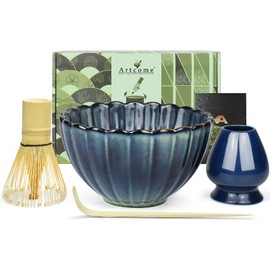 Artcome Matcha Tea Set - 17oz Petal-Shaped Matcha Bowl, Bamboo Whisk, Scoop, Whisk Holder & Brewing Guide, Japanese Tea Ceremony Tools for a Perfect Matcha Experience, Grayish Blue