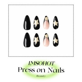 IMSOHOT Medium Almond Press on Nails French Black Fake Nails Stiletto Star False Nails with Designs Y2K Glue on Nails Glossy Full Cover Acrylic Nails for Women 24PCS