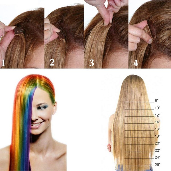 Set of 10 Clip-In Hair Extensions, Colourful Hair Strands Rainbow Coloured Hairpiece
