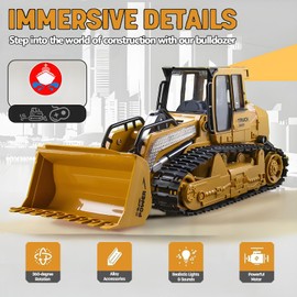 XMFHANG RC Bulldozer, 10 Channel Remote Control Construction Truck, rc Loader, RC Kids Play Toys, with Lights and Sound, rc Track Type Tractor for Kids Birthday Gift, 2 Batteries