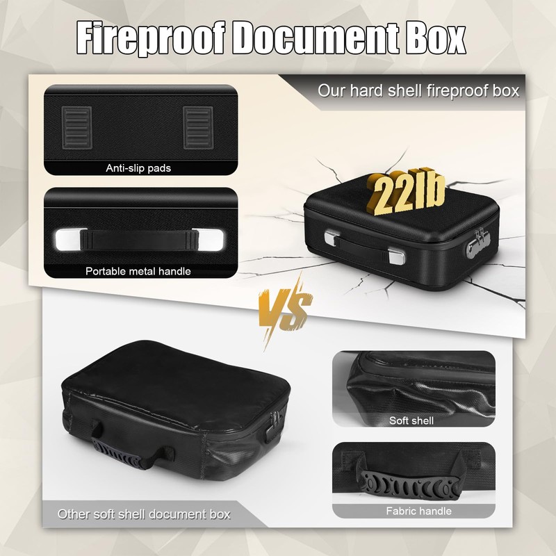 Fireproof Document Box, Hard Shell Fireproof Box, Document Organizer with