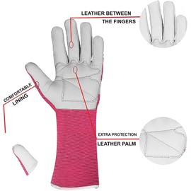 WFX Long Gardening Gloves Leather Ladies Men Women Durable Goatskin Garden Gloves Forearm Protection Thorn Proof Gardener Work Spandex Sleeves Rose Pruning Gift (Small, Pink)