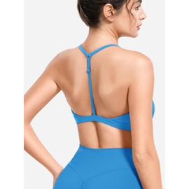 ZAAYO Sports Bra Women's Deep V Neck Y Back Push Up Sports Bra Padded Fitness Medium Impact Workout Gym Yoga Tops with Adjustable Back Straps, blue, L