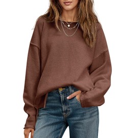 Saodimallsu Womens Oversized Crew Neck Sweaters Long Sleeve Slouchy Knit Fall Casual Loose Side Split Pullover Tops Brown