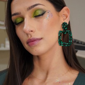 Flyonce Drop Dangle Chandelier Earrings Costume Jewelry Rhinestone Crystal Open Square Statement for Women Banquet Green