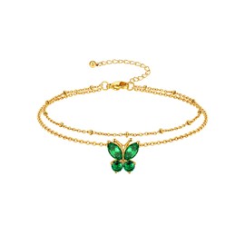 Richsteel Birthstone Anklet for Women Summer Jewellery Stainless Steel Double Anklet Gemstone Butterfly Silver/Gold/Black