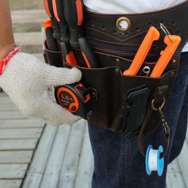 TOURBON Genuine Leather Tool Belt Pouch with Adjustable Waist Belt