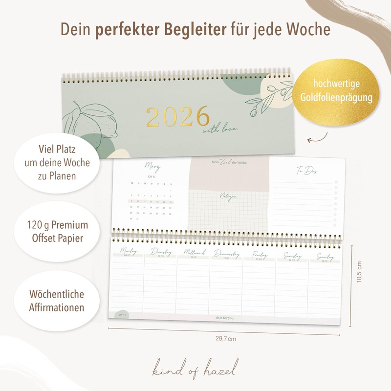 KIND OF HAZEL Desk Calendar 2026 Landscape Weekly Planner with