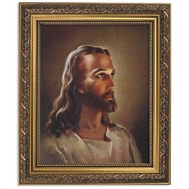 Gerffert Collection Sallman Head of Christ Catholic Framed Portrait Print, 13 Inch (Ornate Gold Tone Finish Frame)