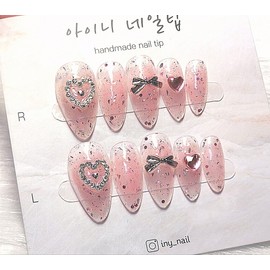 [In-Store Special Discount]Valentine Pink Glitter Handmade Nail Tips - Stiletto / [입점초특가할인]발렌타인 핑크 글리터 수제네일팁 - 스틸레토