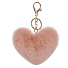 Xsclpomddy Pom Poms Keychains Fluffy Heart Shape Keyring Soft Plush Pendant Key Chain for Car Bag Charm,light brown