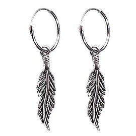 Creole Earrings 925 Silver with Feather Pendant, Sterling Silver, No Gemstone