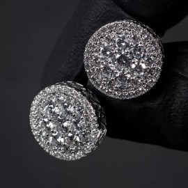 Street Knitted Men White Gold Plated Big Hip Hop Large Round Sterling Silver Cluster Earrings