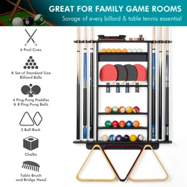 Pool Cue Rack Wall Mount, Billiard & Ping Pong Paddle Storage Organizer | 2-in-1 Game Room Organizer Holds 6 Pool Sticks, Balls, Rack, Chalk, Brush and Table Tennis Accessories, 100% Solid Pine Wood