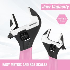 WORKPRO 6-Inch Pink Adjustable Wrench, Cr-V Steel, Wide Jaw Black Oxide Wrench, Metric & SAE Scales, for Home, Garage, Workshop and DIY-Pink Ribbon