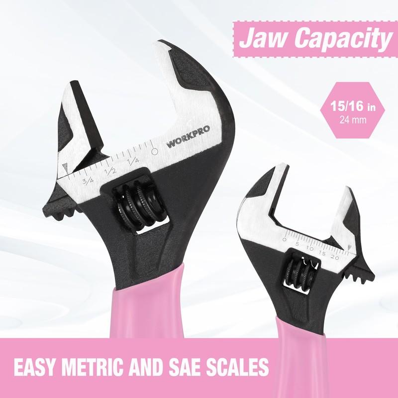 WORKPRO 6-Inch Pink Adjustable Wrench, Cr-V Steel, Wide Jaw Black