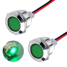 DMWD 2PCS 19mm (3/4") LED Indicator Light, 110-220VAC 20mA Energy Saving Metal Waterproof IP67 Single lamp Pilot Lamp Flat Head with 20cm/7.87in. Wire for Car Truck Boat (Green)