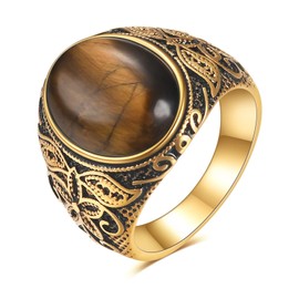 LXBQYSTO Retro Large Tiger Eye Stone Turquoise Wedding Ring For Men Classical Gothic Stainless Steel Rings (8, Gold-Coffee)